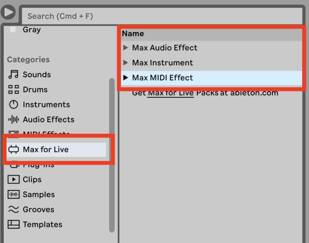 View of the File Browser in Ableton Live to use Max for Live